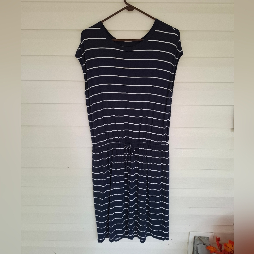 Banana Republic Navy Blue and White Striped Sleeveless Drawstring Dress Large
